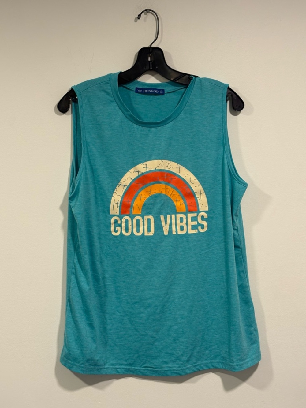 iris Teal Graphic Muscle Tee with Retro Rainbow